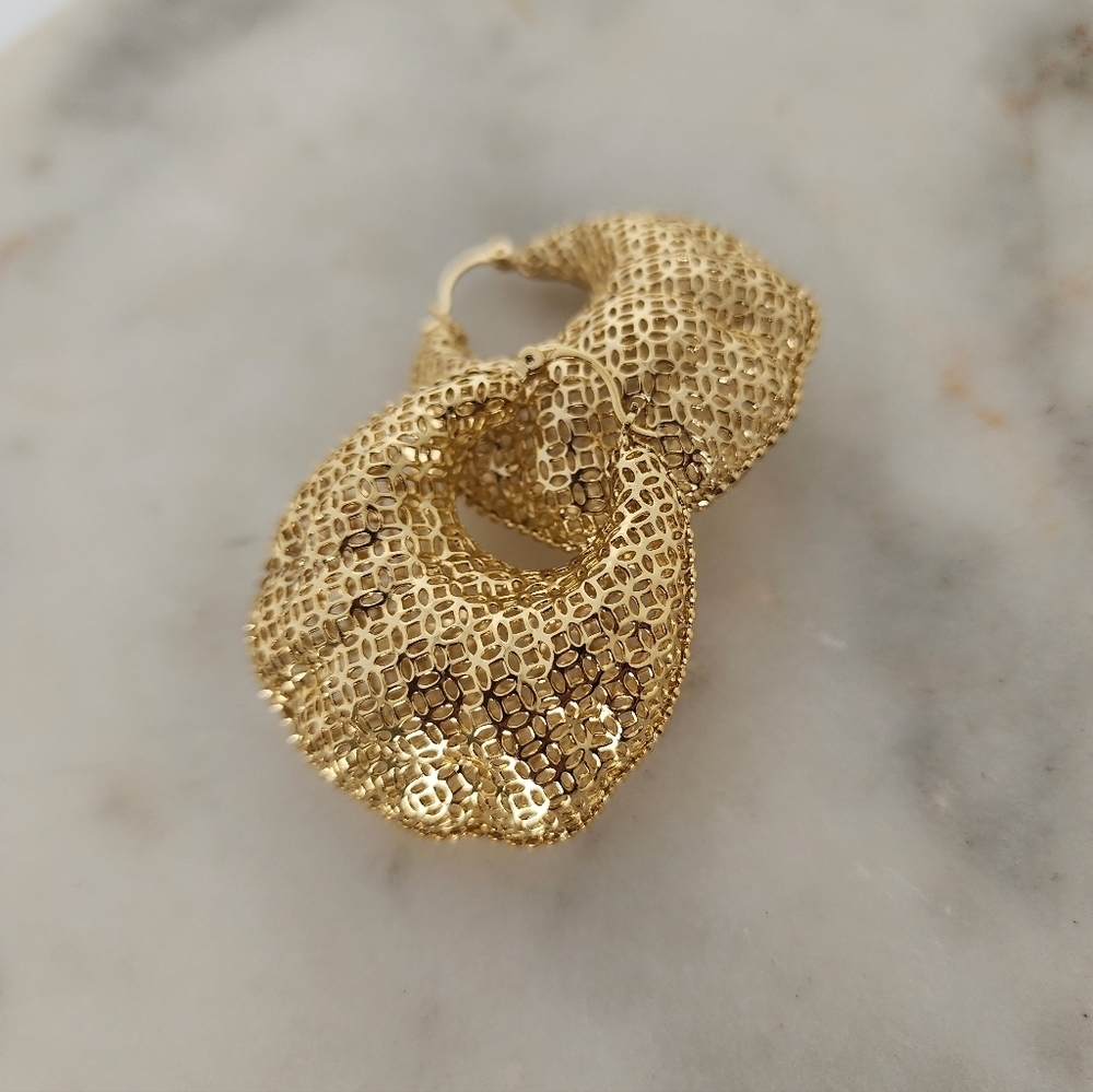 Textured 14K Gold Plated Crescent Mesh Statement Earrings - Picture 2 of 6